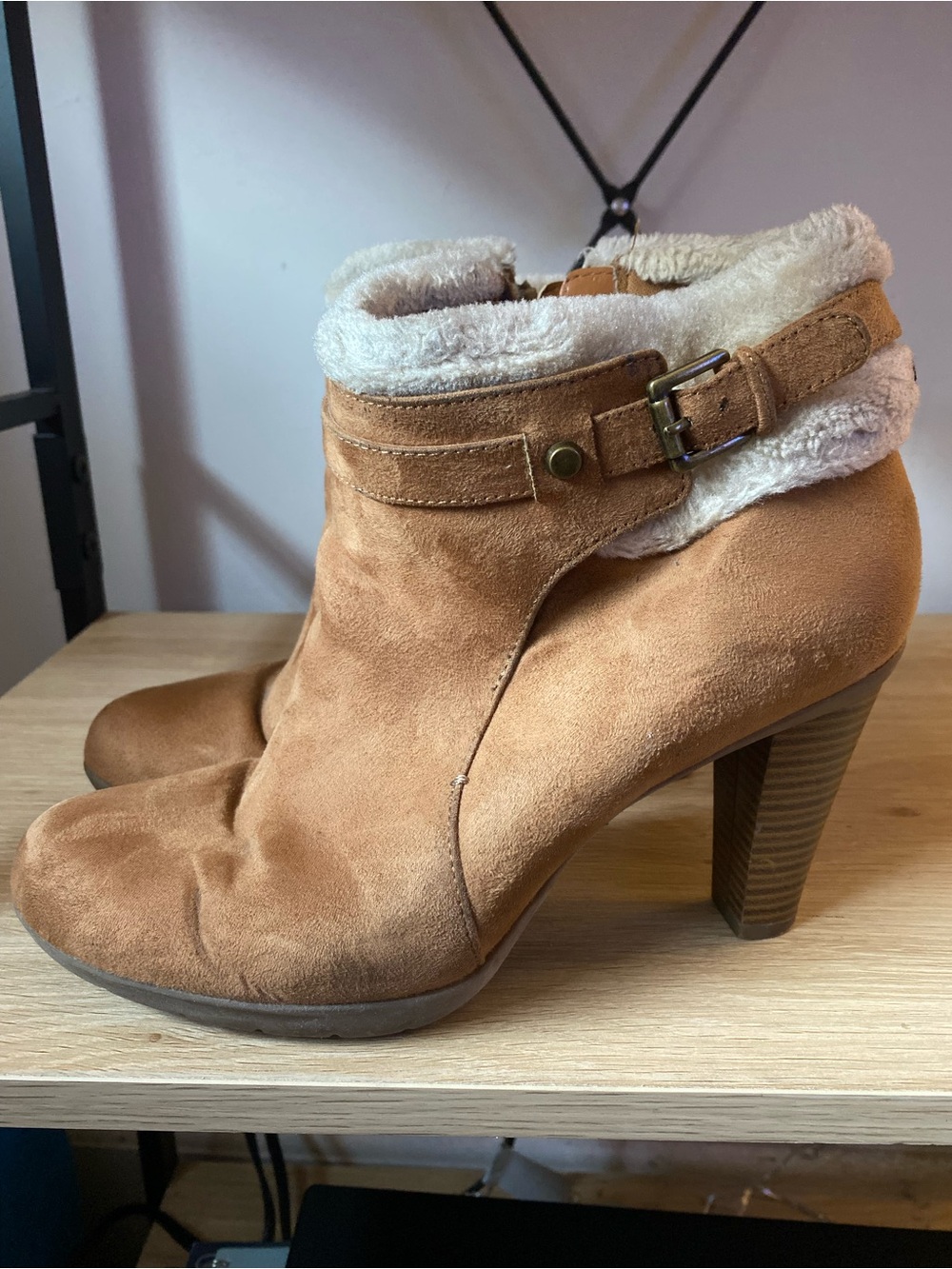 Liz Claiborne Tan Suede Faux-Fur Cuff Ankle Booties with Buckle